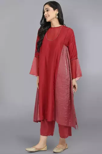 Red silk plain kurta set