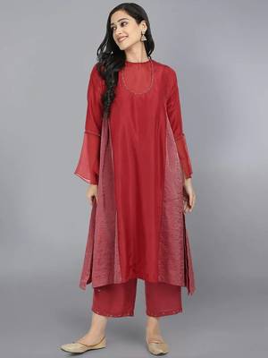 Red silk plain kurta set 1