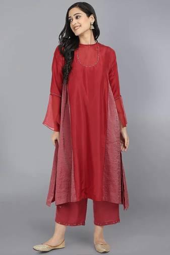 Red silk plain kurta set