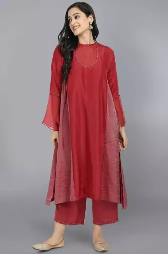 Red silk plain kurta set