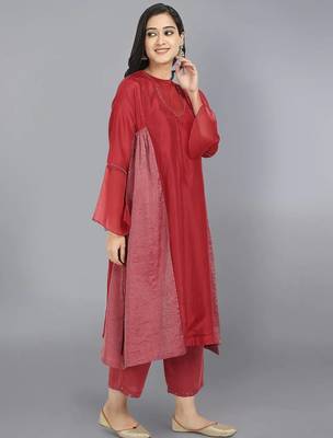 Red silk plain kurta set 4