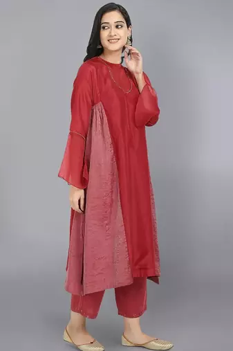 Red silk plain kurta set