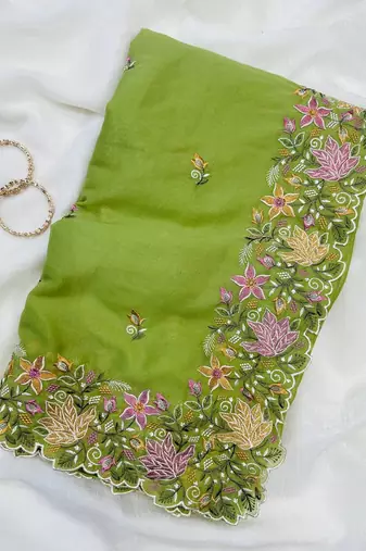 Parrot Green Color Multi thread embroidery cut work Georgette Saree