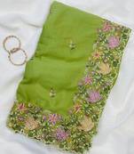 Parrot Green Color Multi thread embroidery cut work Georgette Saree