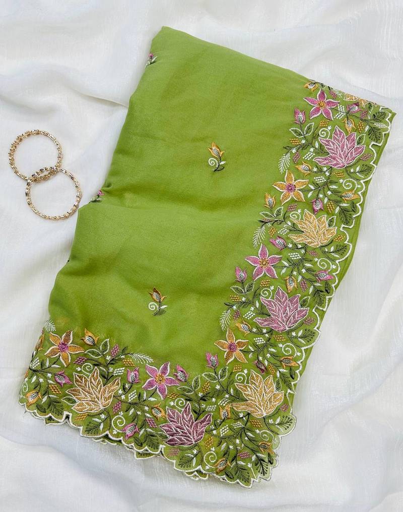 Parrot Green Color Multi thread embroidery cut work Georgette Saree