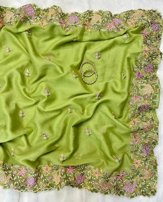 Parrot Green Color Multi thread embroidery cut work Georgette Saree 2
