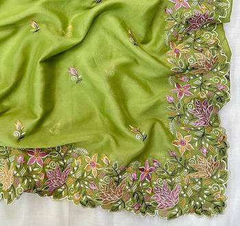 Parrot Green Color Multi thread embroidery cut work Georgette Saree 3
