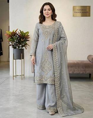 designer party wear gimmy silk top-plazzo and dupatta with heavy embroidery beads work 1