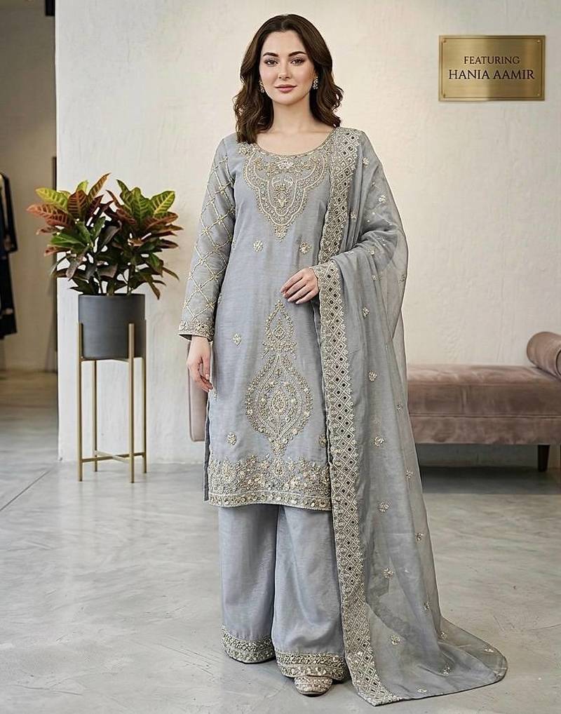 designer party wear gimmy silk top-plazzo and dupatta with heavy embroidery beads work