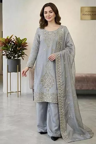 designer party wear gimmy silk top-plazzo and dupatta with heavy embroidery beads work