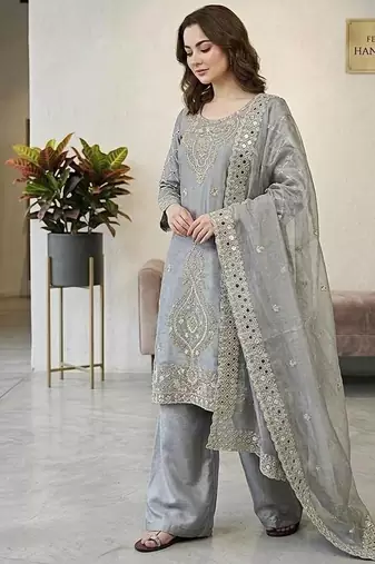 designer party wear gimmy silk top-plazzo and dupatta with heavy embroidery beads work