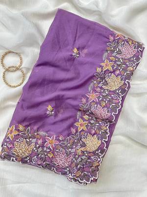Purple Color Multi thread embroidery cut work Georgette Saree 1