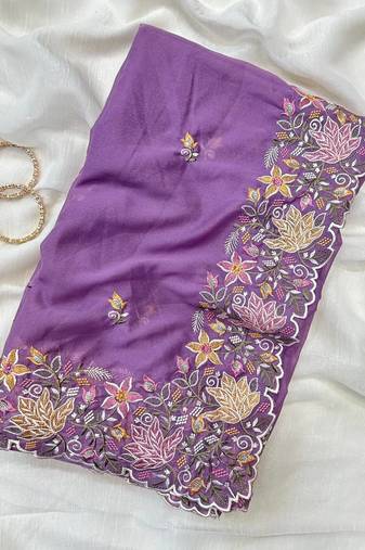 Purple Color Multi thread embroidery cut work Georgette Saree