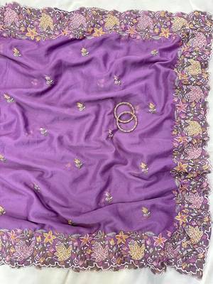 Purple Color Multi thread embroidery cut work Georgette Saree 2