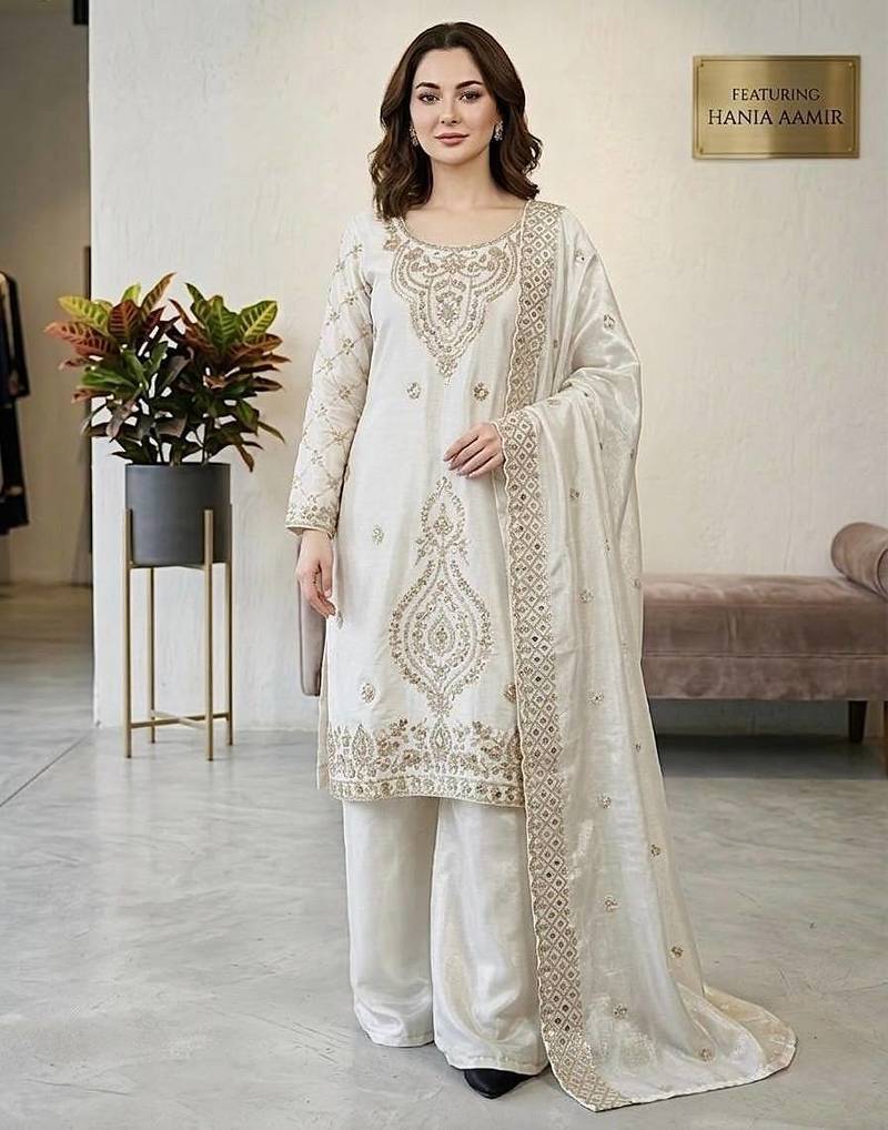 designer party wear gimmy silk top-plazzo and dupatta with heavy embroidery beads work