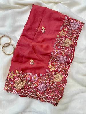 Red Color Multi thread embroidery cut work Georgette Saree 1