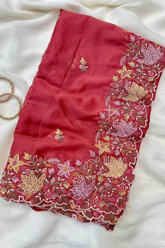 Red Color Multi thread embroidery cut work Georgette Saree