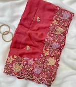 Red Color Multi thread embroidery cut work Georgette Saree