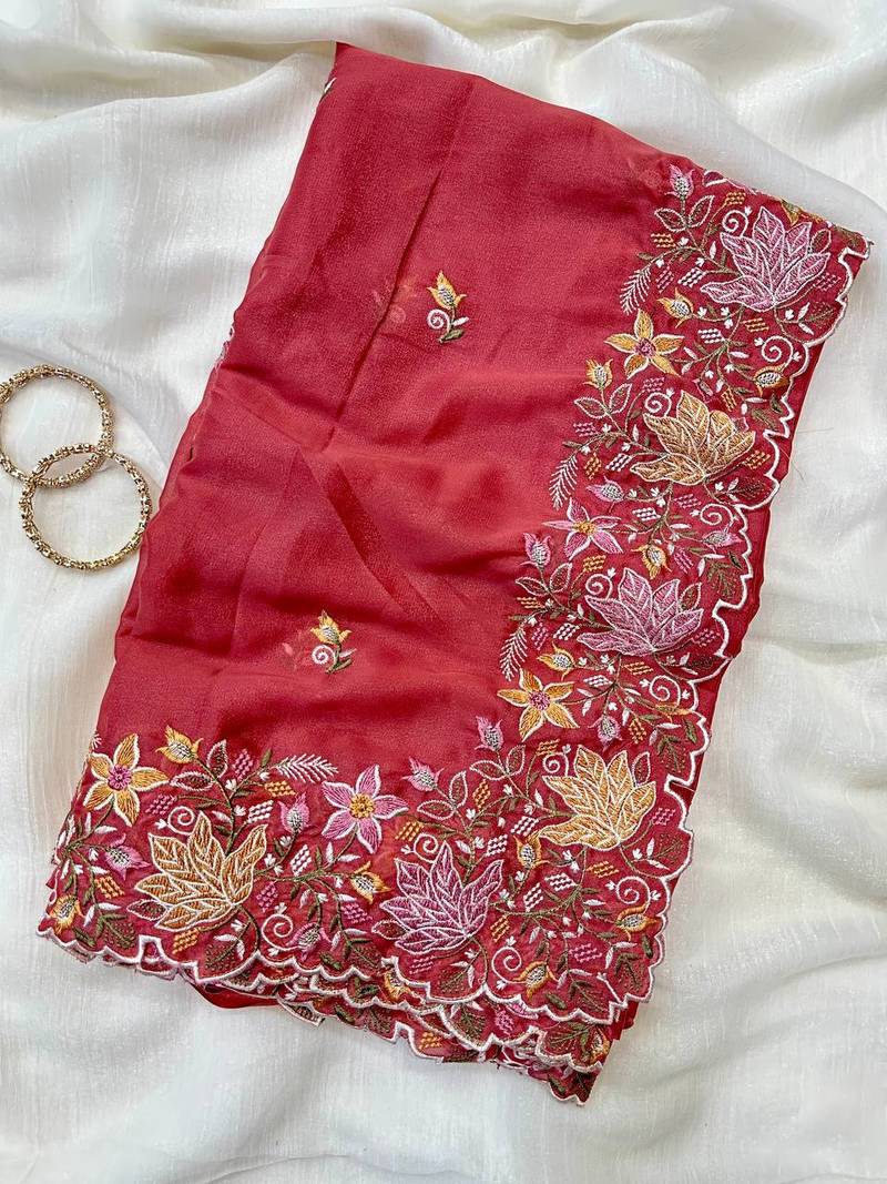 Red Color Multi thread embroidery cut work Georgette Saree