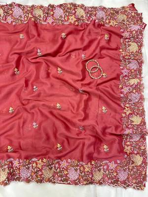 Red Color Multi thread embroidery cut work Georgette Saree 2