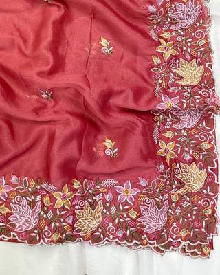 Red Color Multi thread embroidery cut work Georgette Saree 3