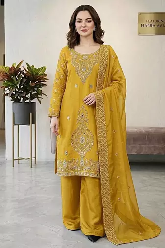 designer party wear gimmy silk top-plazzo and dupatta with heavy embroidery beads work