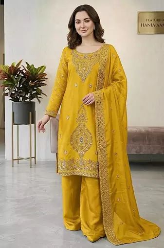 designer party wear gimmy silk top-plazzo and dupatta with heavy embroidery beads work