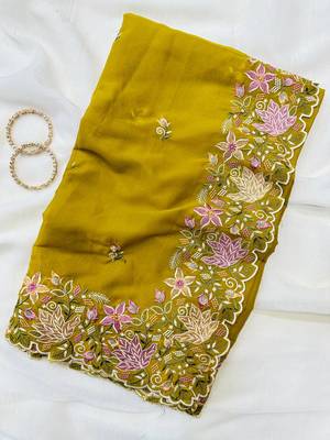 Yellow Color Multi thread embroidery cut work Georgette Saree 1