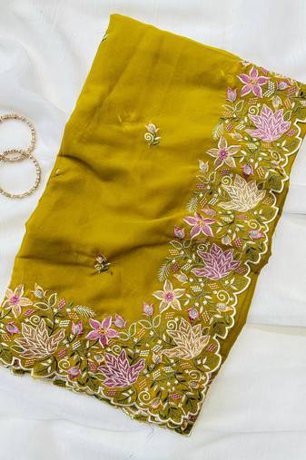 Yellow Color Multi thread embroidery cut work Georgette Saree