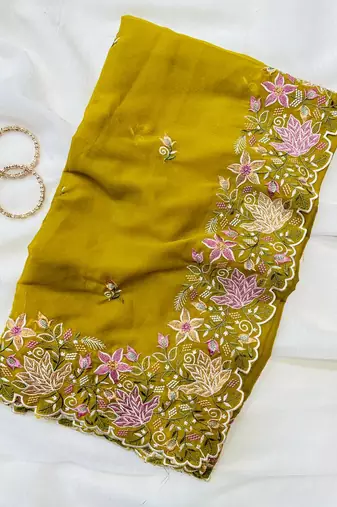 Yellow Color Multi thread embroidery cut work Georgette Saree