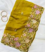 Yellow Color Multi thread embroidery cut work Georgette Saree