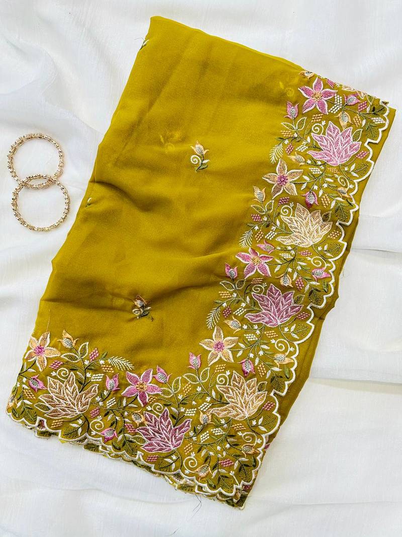 Yellow Color Multi thread embroidery cut work Georgette Saree