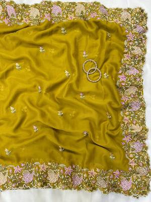 Yellow Color Multi thread embroidery cut work Georgette Saree 2