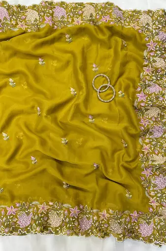 Yellow Color Multi thread embroidery cut work Georgette Saree