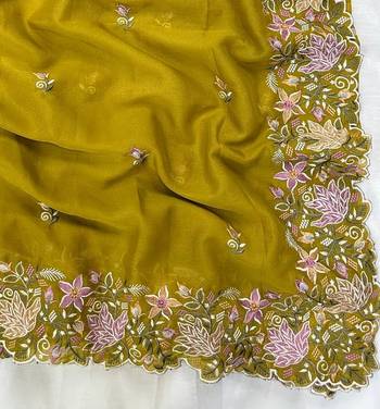 Yellow Color Multi thread embroidery cut work Georgette Saree 3