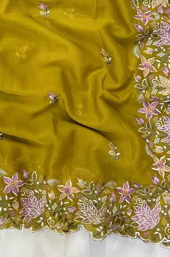 Yellow Color Multi thread embroidery cut work Georgette Saree