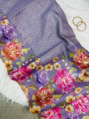 Purple Color Digital floral print Tissue Saree 3