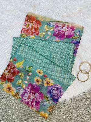Teal Color Digital floral print Tissue Saree 1