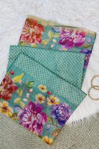 Teal Color Digital floral print Tissue Saree