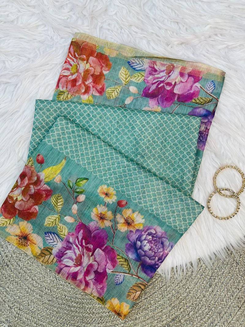 Teal Color Digital floral print Tissue Saree