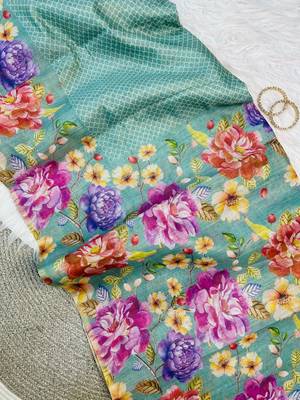 Teal Color Digital floral print Tissue Saree 2