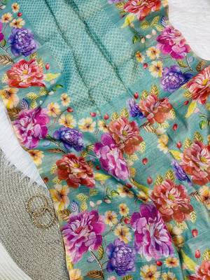 Teal Color Digital floral print Tissue Saree 3