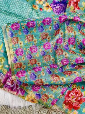 Teal Color Digital floral print Tissue Saree 4