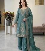 designer party wear gimmy silk top-plazzo and dupatta with heavy embroidery beads work