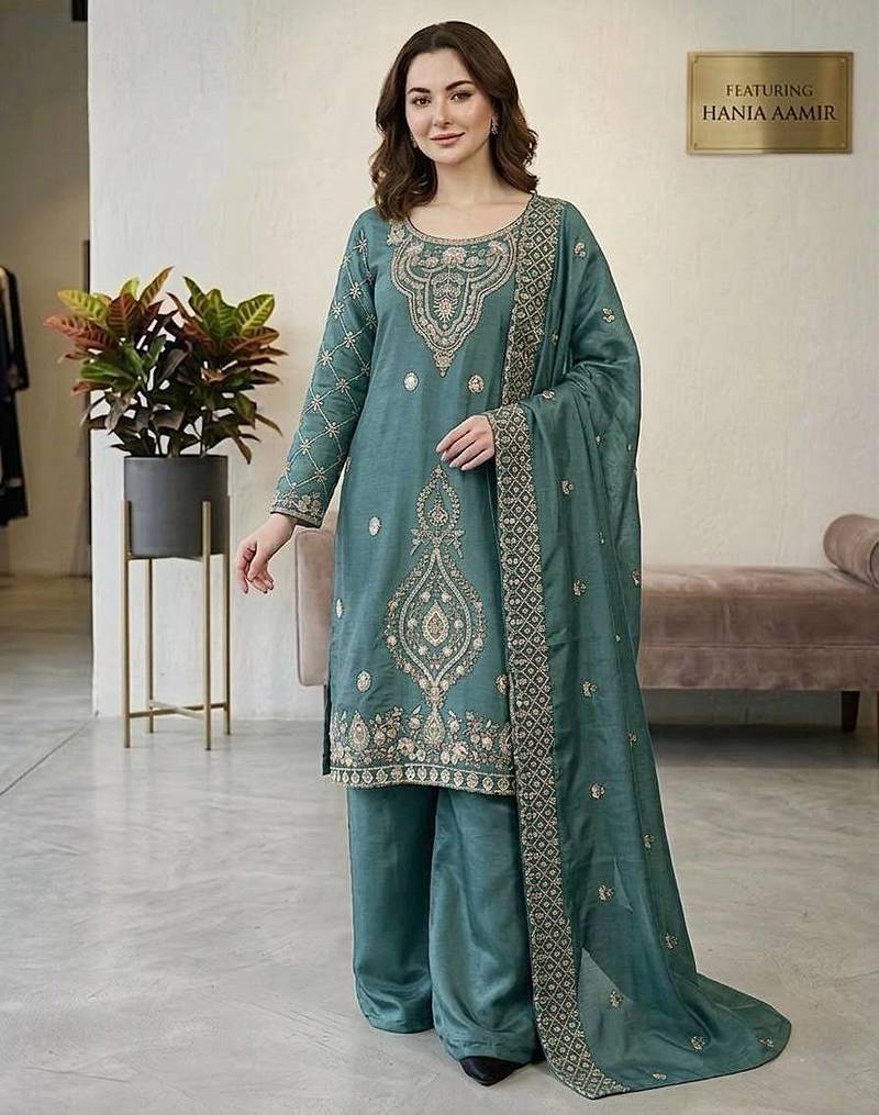 designer party wear gimmy silk top-plazzo and dupatta with heavy embroidery beads work