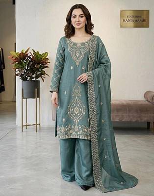 designer party wear gimmy silk top-plazzo and dupatta with heavy embroidery beads work 2