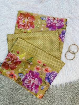 Yellow Color Digital floral print Tissue Saree 1