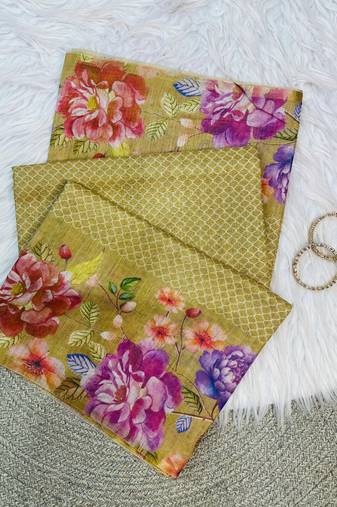 Yellow Color Digital floral print Tissue Saree