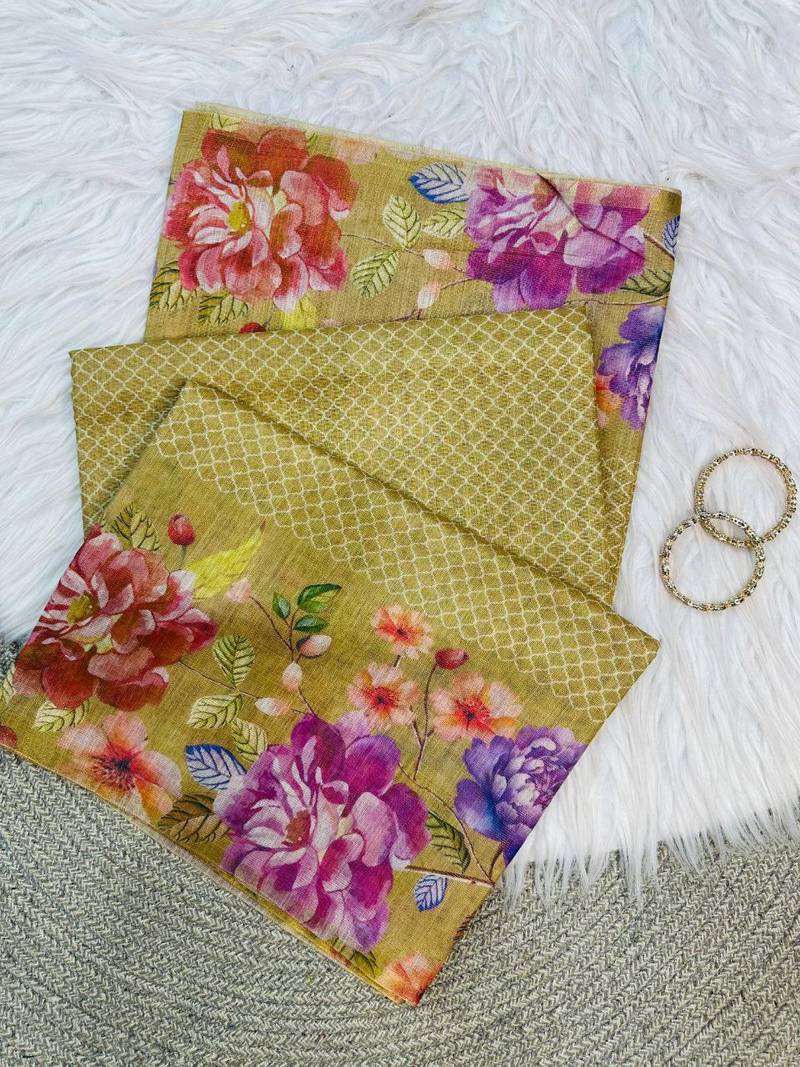 Yellow Color Digital floral print Tissue Saree