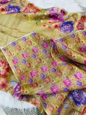 Yellow Color Digital floral print Tissue Saree 4